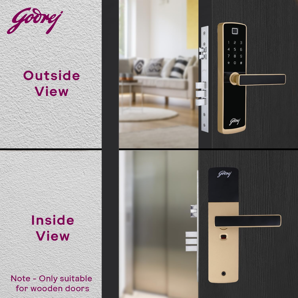 Godrej Locking Solutions and Systems Smart LocksICatus Touch PlusISmart Digital Lock for Wooden DoorI4 in 1 AccessI FingerprintIRfidIPin AccessIMechanical KeyIChampagne Gold Finish, Alloy Steel